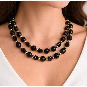 Vintage Black Gold Beaded Necklace Double Strand Statement 18" Long - Hey Viv